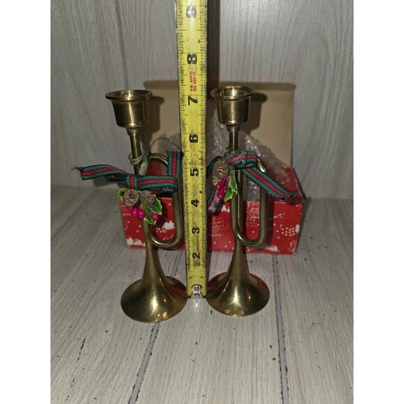Vtg 1985 Enesco Brass Trumpet/Bugle Shaped Candle Holders 7" Christmas W/Box - Picture 2 of 5